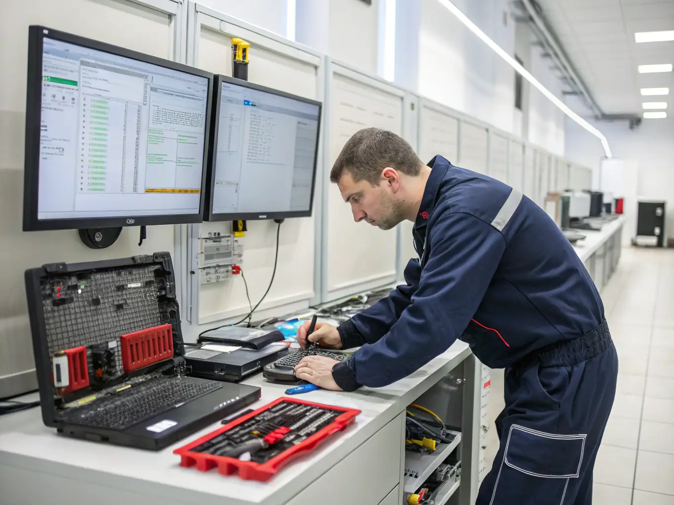 An image depicting a technician working on a computer screen displaying software diagnostics, with various software icons visible.