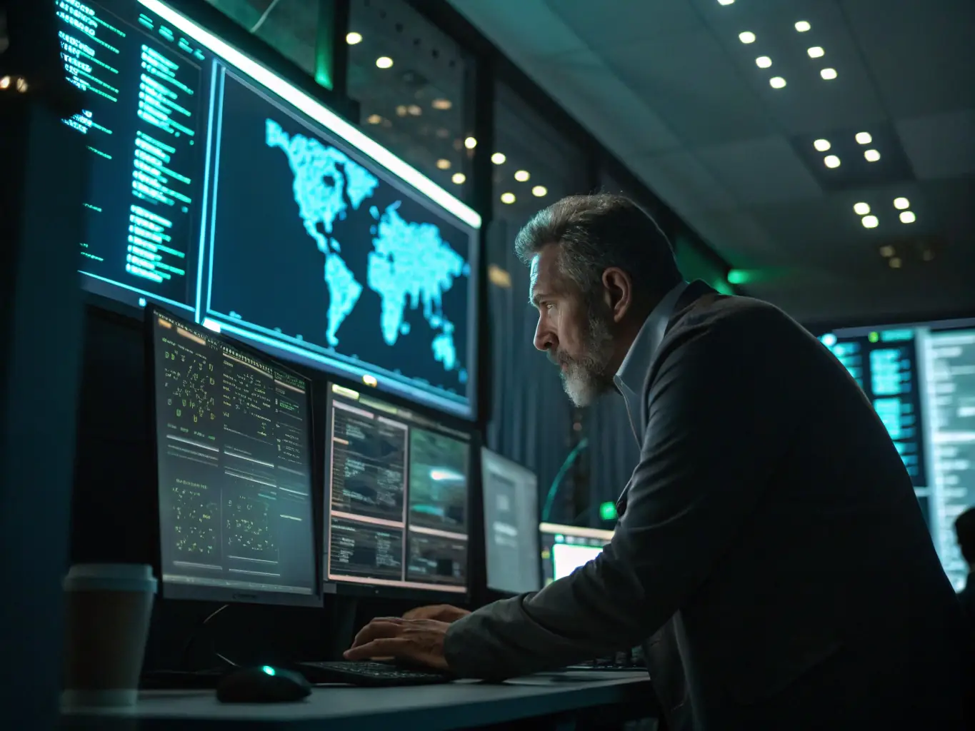 An image illustrating a network security setup with firewalls and encryption, highlighting the security measures in place.