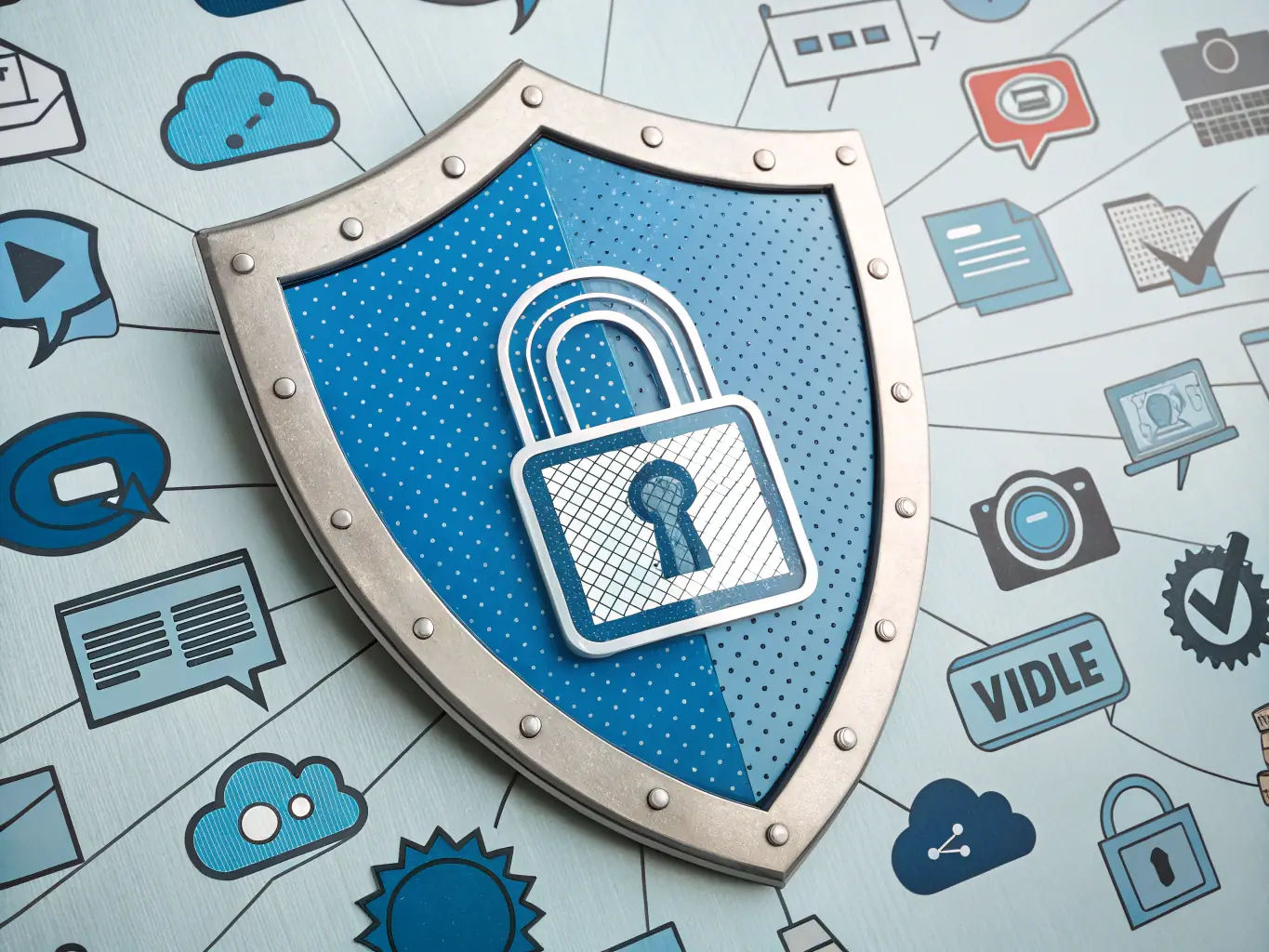 A digital illustration depicting a shield with a lock icon in the center, surrounded by network cables and data streams, symbolizing comprehensive data protection.