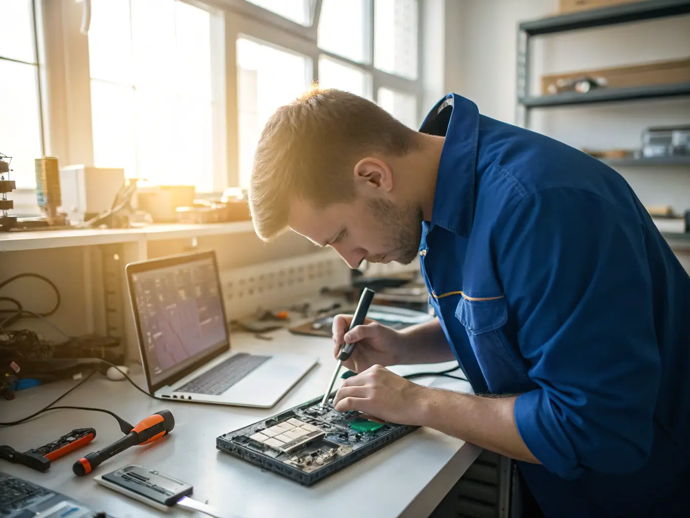 An image showing a technician repairing a laptop in a home setting, with tools and components neatly arranged on a clean workspace.