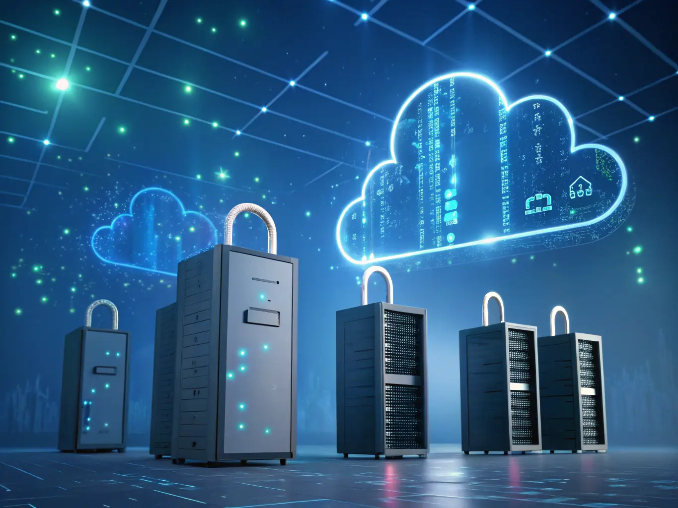 An image illustrating a secure cloud storage interface on a laptop, emphasizing data encryption and access control.