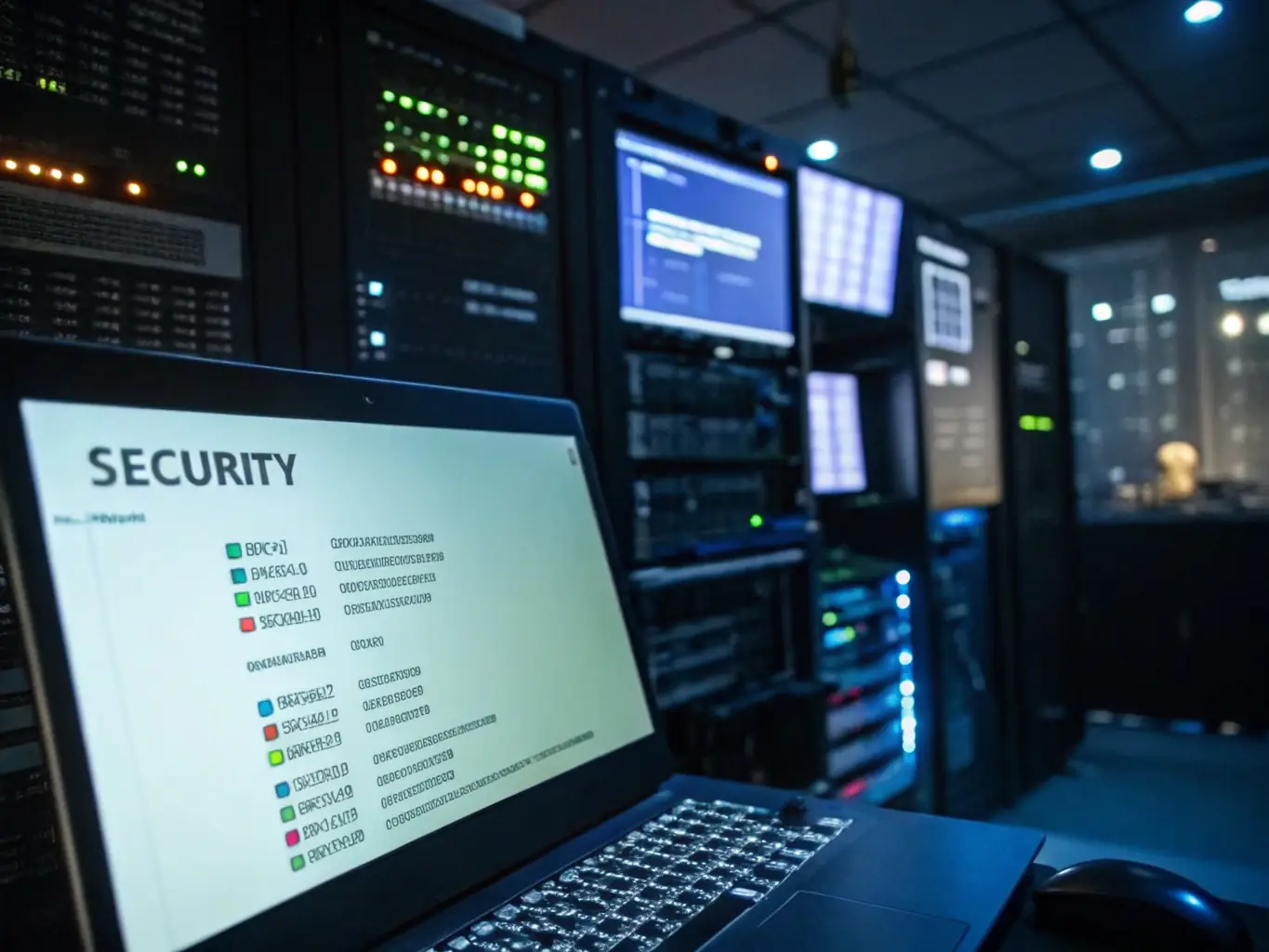 An image illustrating a secure network setup with firewalls and antivirus software, emphasizing data protection and security.