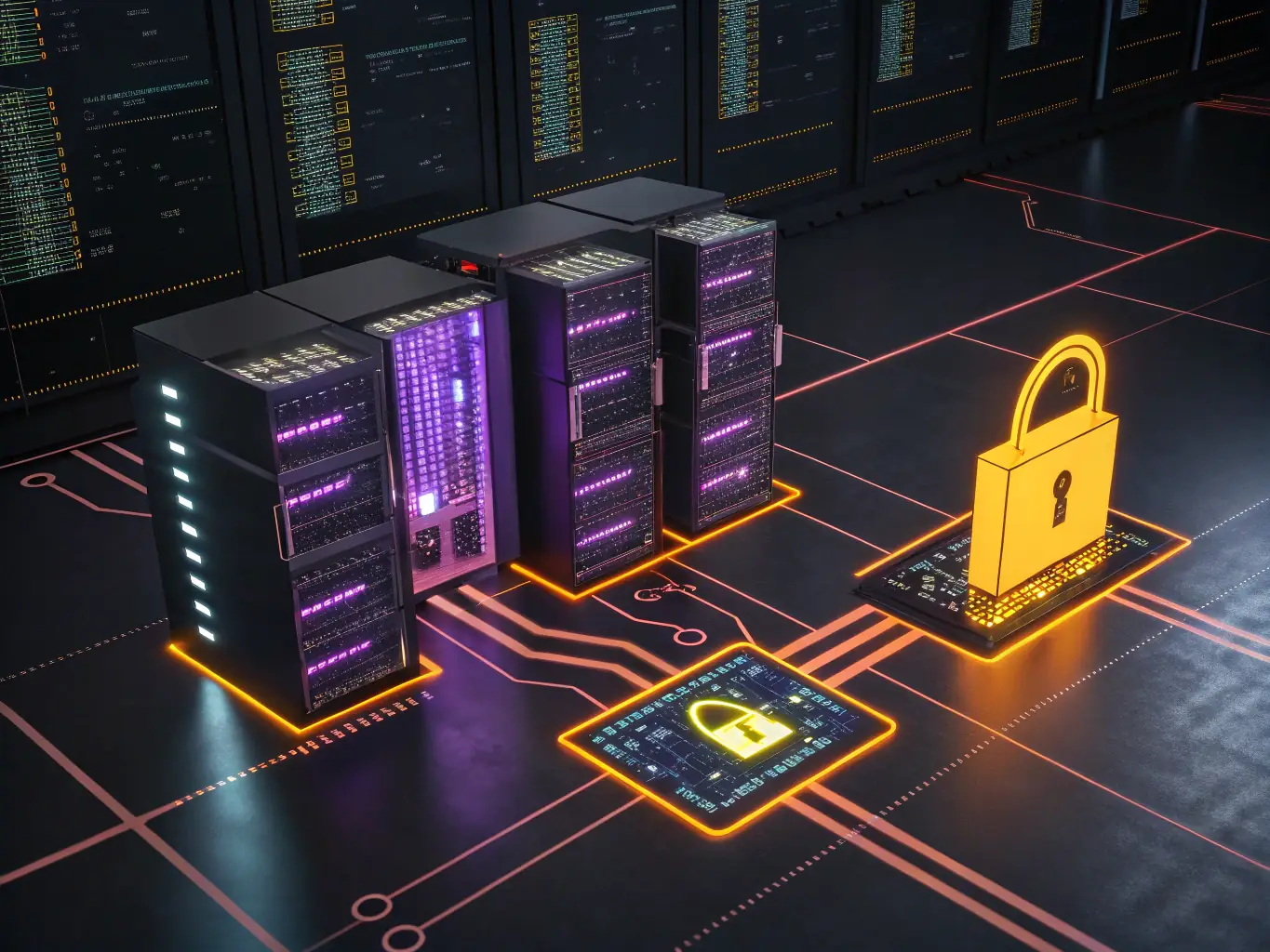 An image depicting a secure server room with multiple hard drives, emphasizing data security and backup.