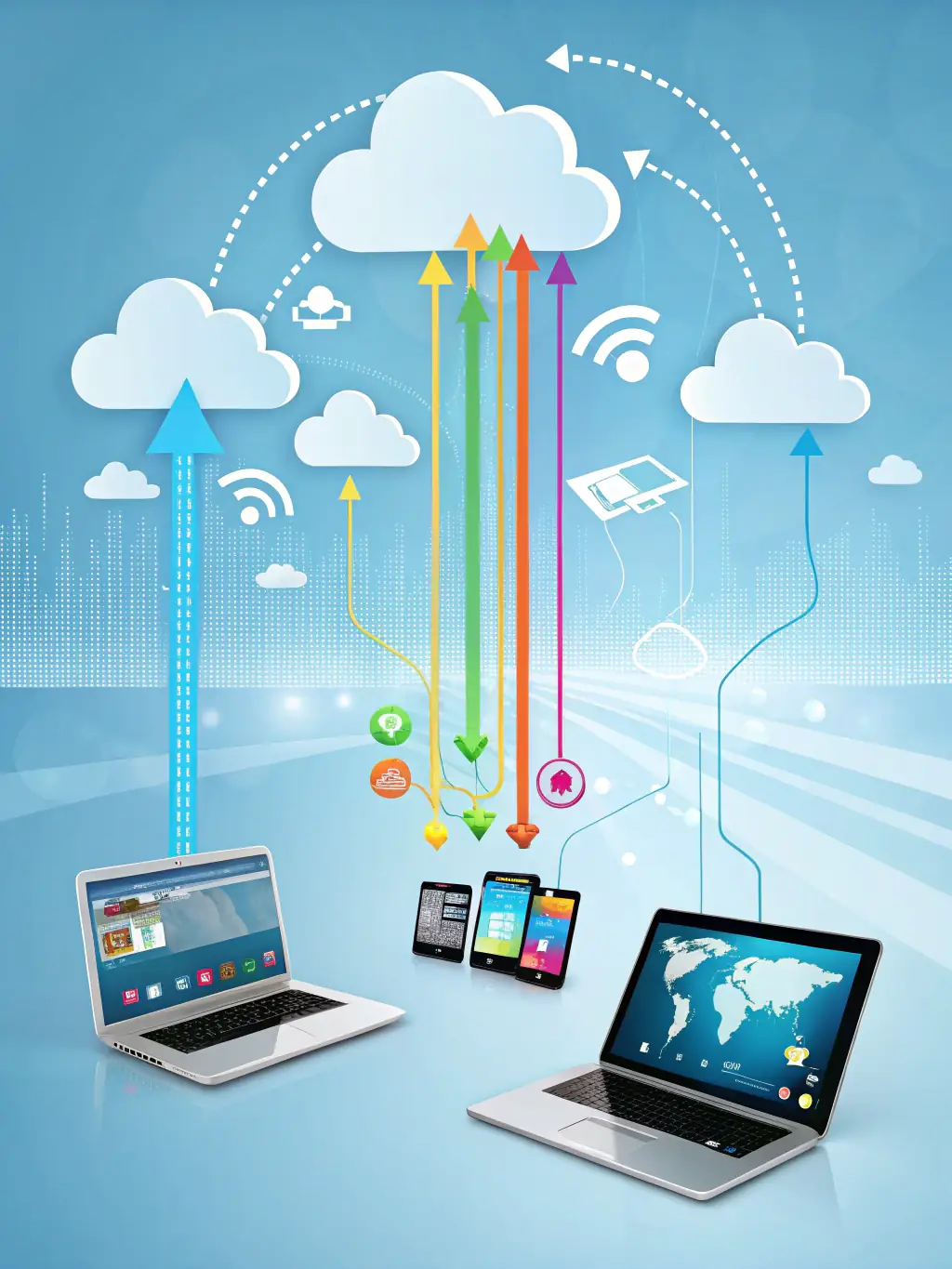 A graphic showing various devices (laptop, tablet, smartphone) seamlessly connected to a cloud icon, representing the accessibility of Koenraad.net's cloud services.
