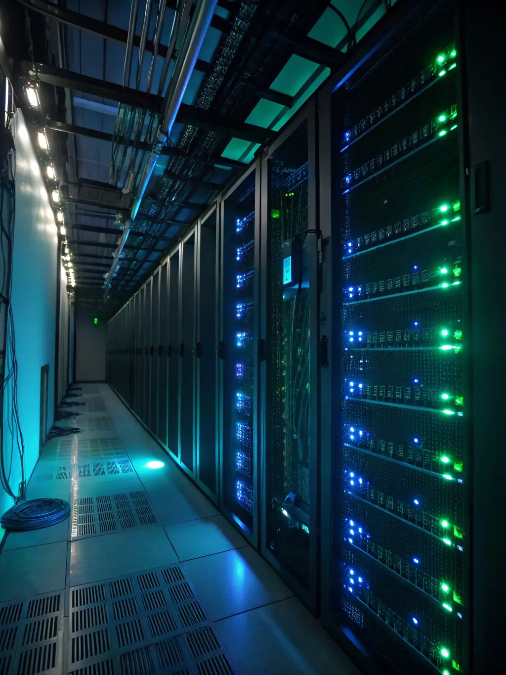 A brightly lit server room filled with racks of servers, symbolizing the infrastructure behind cloud storage solutions offered by Koenraad.net.