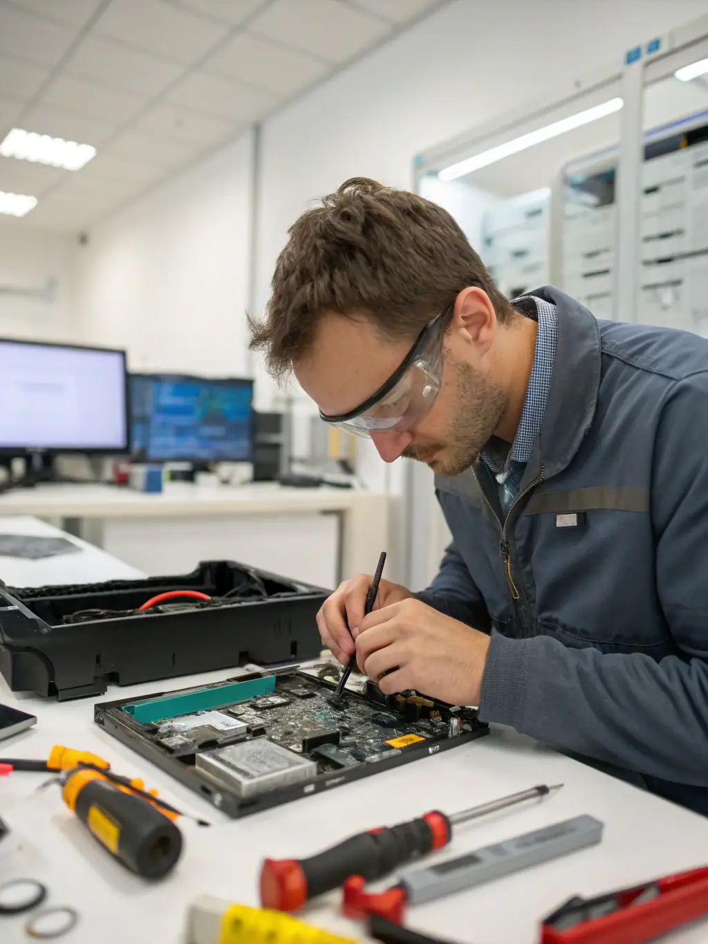 A detailed image of a technician repairing a desktop computer, focusing on the motherboard and CPU, with various tools and diagnostic equipment visible in the background, highlighting the technical expertise involved.