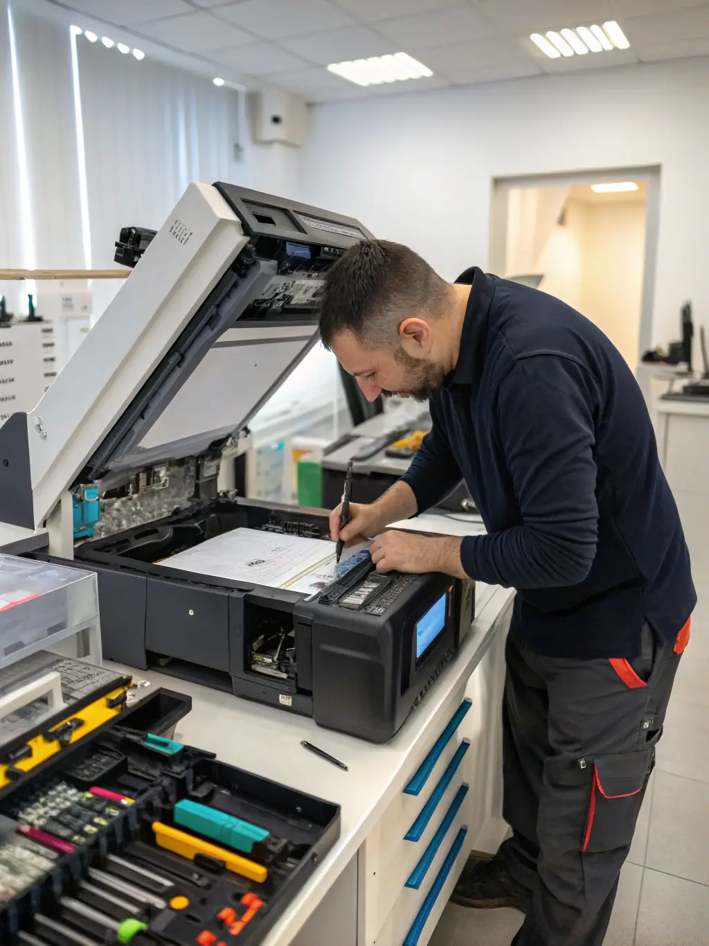 An image of a disassembled printer, showing the intricate parts such as print heads, rollers, and ink cartridges, with a focus on the precision required for printer repairs.
