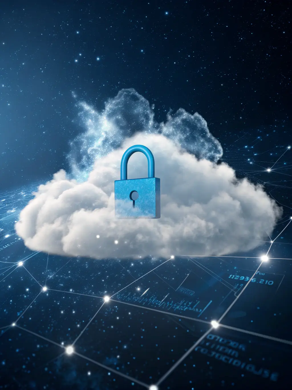 A padlock icon overlaid on a cloud server image, symbolizing the robust security measures implemented by Koenraad.net to protect user data.