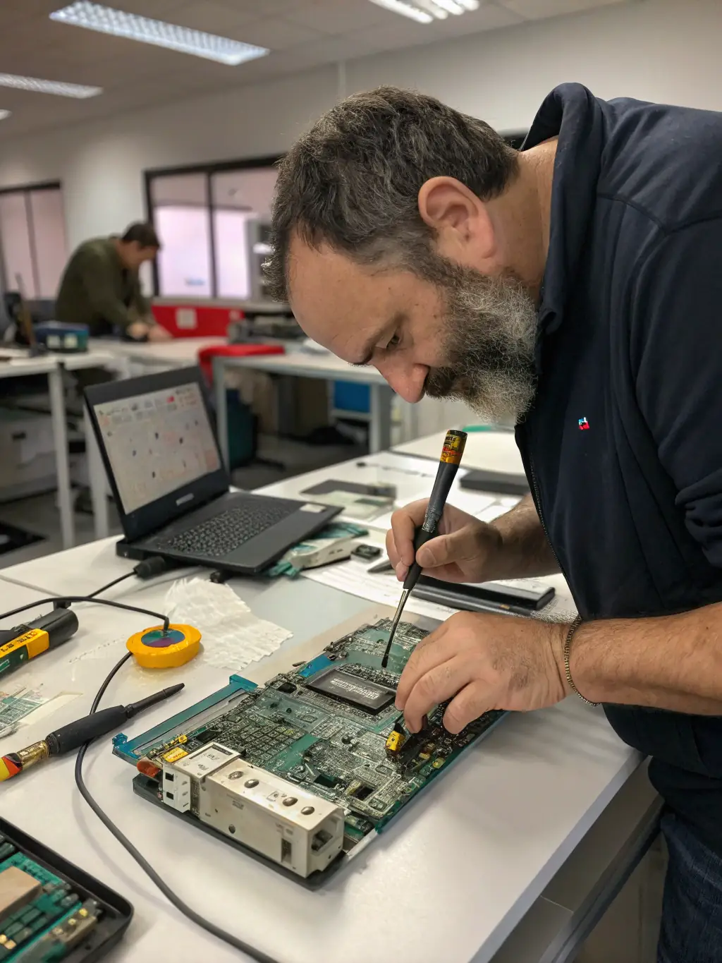 Close-up photo of a technician carefully disassembling a laptop, showcasing the intricate internal components and the precision required for hardware repair at Koenraad.net.