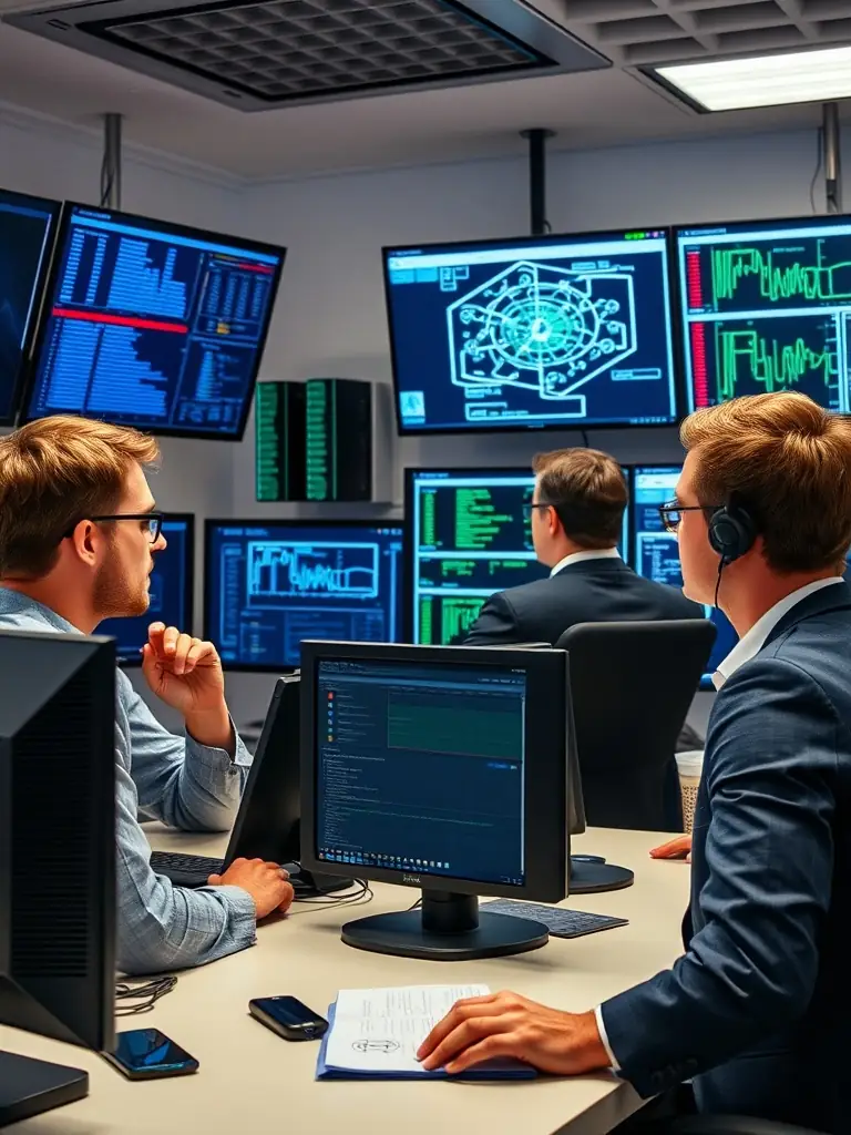 A team of IT professionals monitoring a network security dashboard, highlighting Koenraad.net's proactive approach to cloud security and threat detection.