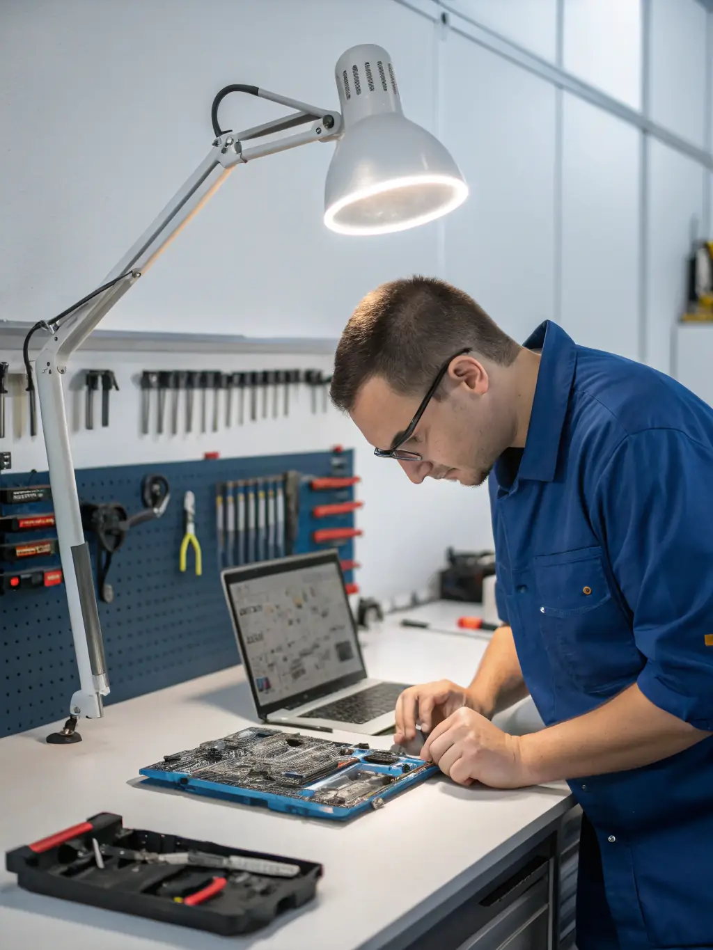 Image of a technician using specialized tools to diagnose a motherboard issue, highlighting the advanced equipment used by Koenraad.net for hardware diagnostics.