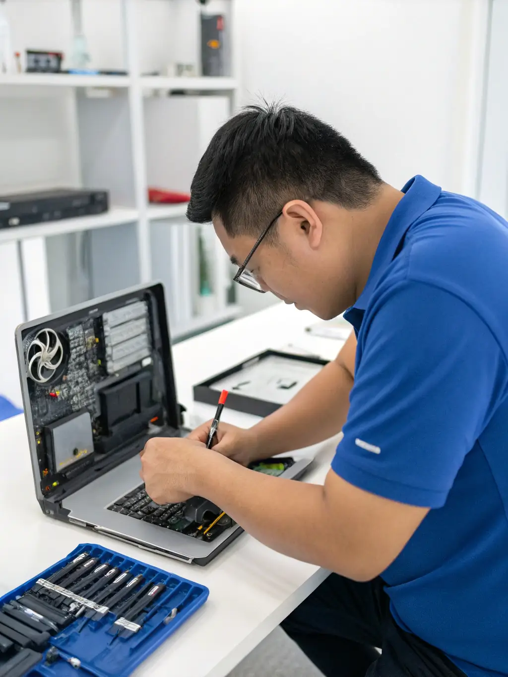 Photo of a technician replacing a faulty hard drive in a desktop computer, demonstrating the component replacement services offered by Koenraad.net.