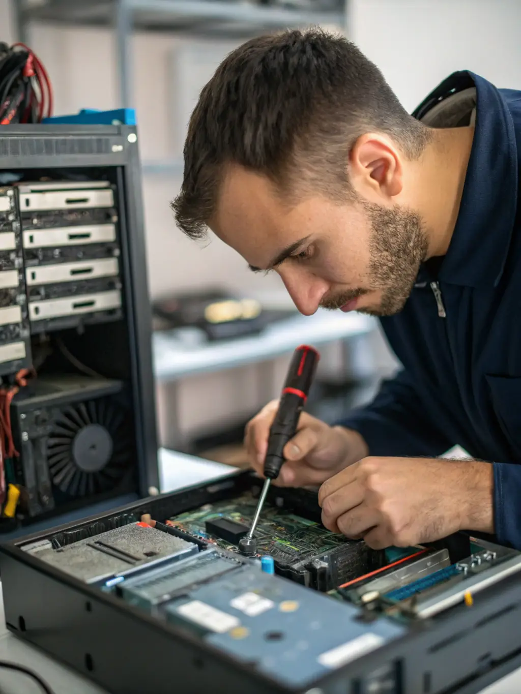 Image of a technician cleaning the cooling system of a computer, emphasizing the importance of maintenance for optimal performance at Koenraad.net.