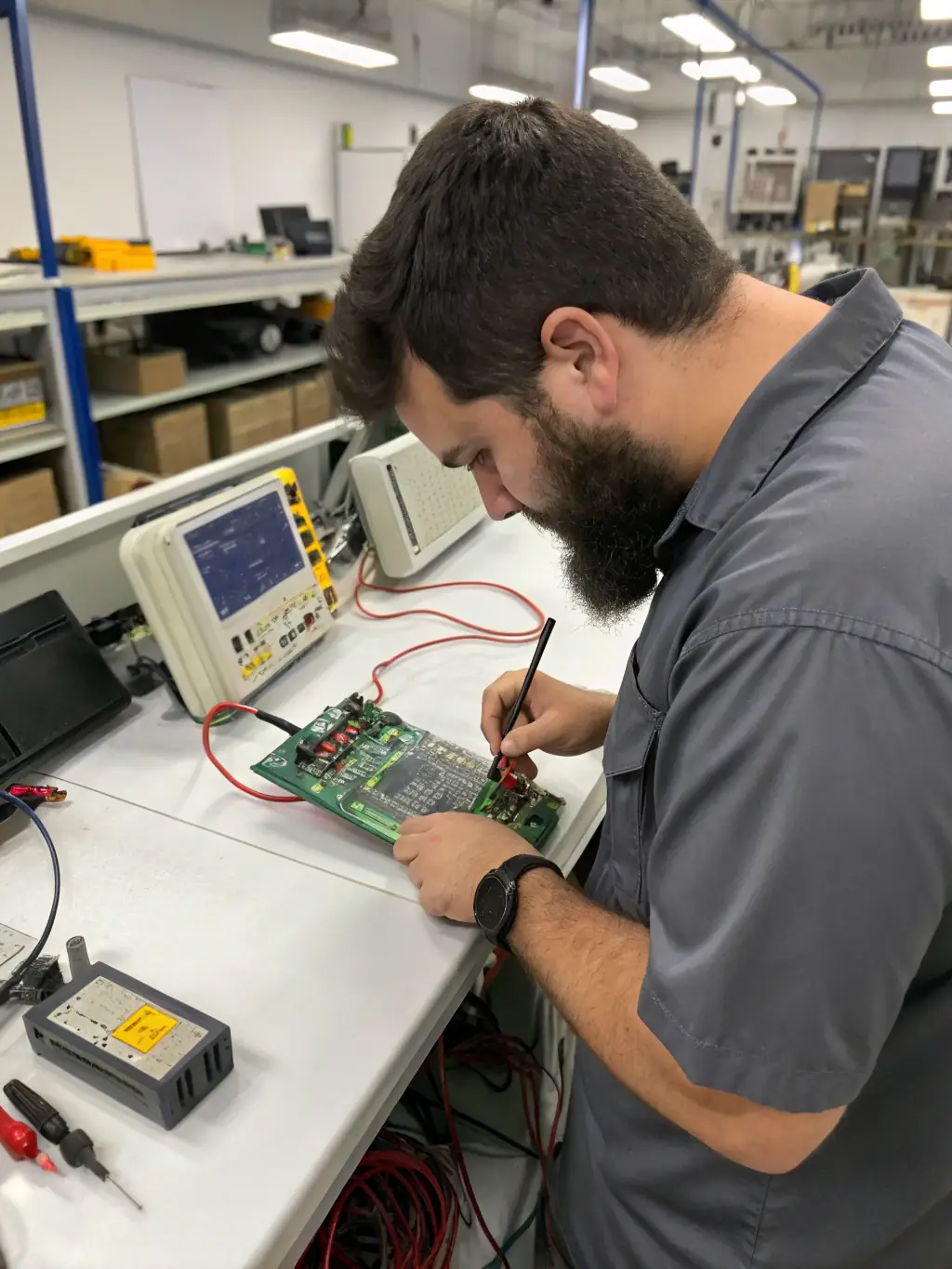 A close-up image of a technician using specialized tools to diagnose a hardware issue on a circuit board, emphasizing the precision and expertise required for hardware repairs.